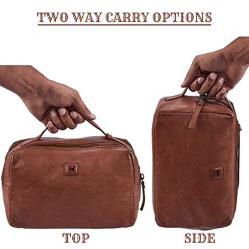 Real Leather Toiletry Bag Dopp Kit for Men Women Travel Shaving Pouch Organiser Double Compartment Cosmetic