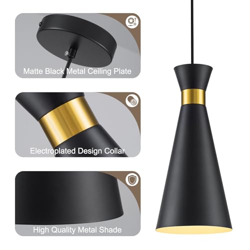 3-Pack Modern Black and Gold Pendant Lights for Kitchen Island - 13"H, Adjustable
