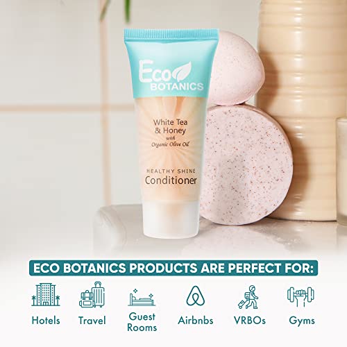 Eco Botanics Travel Size Hotel Conditioner 300 Count 0.85oz Bottles Guest Amenities for Vacation Rentals & Short Term Rentals Paraben Free White Tea Scent Infused with Aloe Honey and Olive Oil
