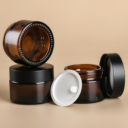 Reusable Amber Glass Storage Jars 2 oz - Leak-Proof Wide Mouth Set