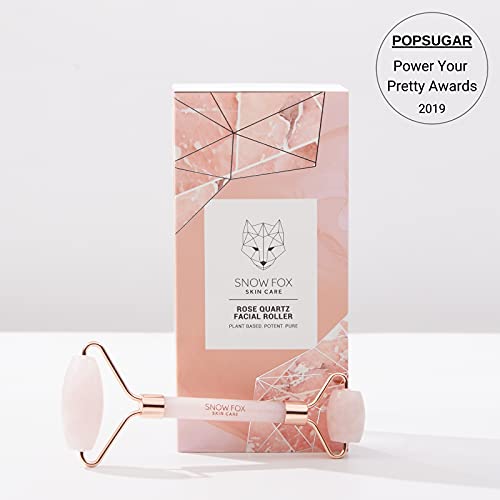 Snow Fox Skin Care Hand-Carved Rose Quartz Facial Roller ? Authentic Crystal Face Roller with Dual Ends, Noiseless Design & Real Quartz Handle ? Cooling, De-Puffing, Relaxing Self-Care Tool
