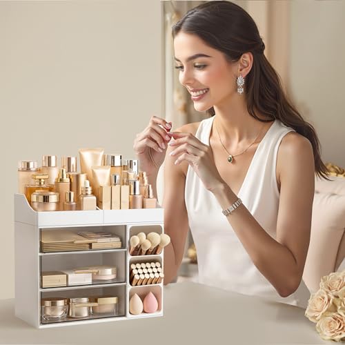 White Makeup Organizer with Drawers and Brush Holder - Large Vanity Storage