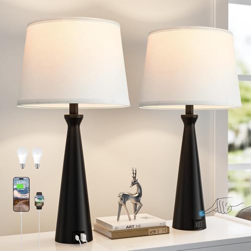 Seealle Black Base White Shade 3-Way Dimmable Touch Bedside Lamps Set of 2