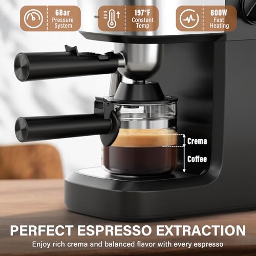 6-Bar Espresso Machine with Milk Frother, Compact Stainless Steel Coffee Maker
