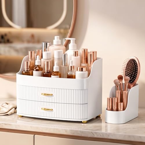 White Makeup Organizer with Drawers & Brush Holder - Vanity & Countertop Storage