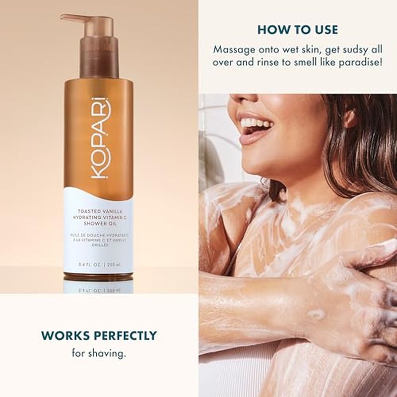 Kopari Toasted Vanilla Hydrating Vitamin C Shower Oil | Luxurious Oil-to-Foam Body Cleanser with Hibiscus, Avocado & Coconut Oils | Cleanses & Brightens Without Stripping