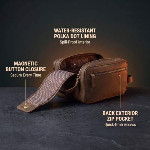 Leather Toiletry Dopp Kit Bag for Men & Women - Rustic Brown, 10in