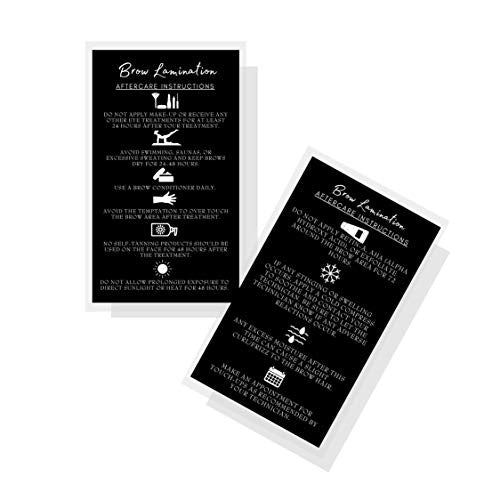 Brow Lamination Aftercare Instruction Cards | 50 Pack | 2x3.5¡± inches Business Card Size | Starter Lift Kit At Home DIY Brow Lift and Tint | Snatched Brows Black with White Icons Design
