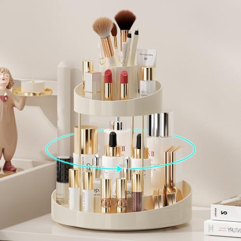 2 Tiers Rotating Makeup Organizer, Large Makeup Organizer for Vanity, Countertop Storage Shelf for Cosmetics, Skincare, Makeup Brush - Warm White