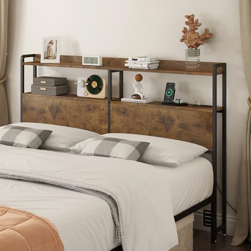 Rustic Brown Queen Headboard with Storage & RGB LED Lights - Height Adjustable, Outlets & USB Ports