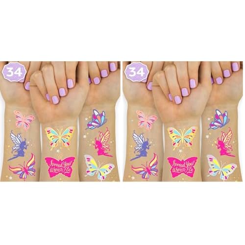 xo, Fetti Butterfly Tattoos for Kids - 34 Glitter styles | Birthday Party Supplies, Butterfly Party Favors + Fairy Decor (Pack of 2)
