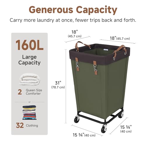 Green 160L Laundry Basket with Wheels and Soft Handle - StorageWorks