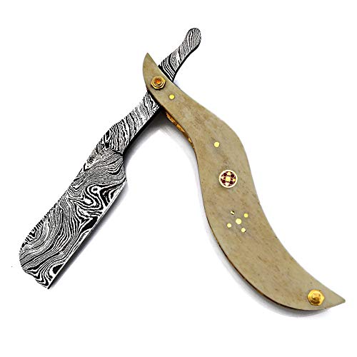 Hand Made Damascus Steel Straight Razor Folding Razor With Shaving Ready Classic Barber Blade Edge, Men Straight Razor, Leather Case + Strop, Close Shave, Great Gift R-84