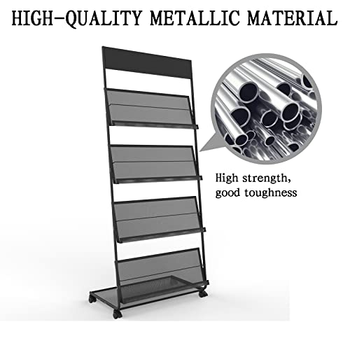 Floor-Standing 4-Layer Magazine Rack with Wheels - Black