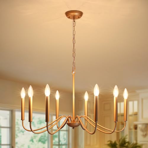 Farmhouse Chandelier - 8 Light Rustic Gold Pendant Ceiling Light for Dining & Living Room - Variation: Gold / 8 Light