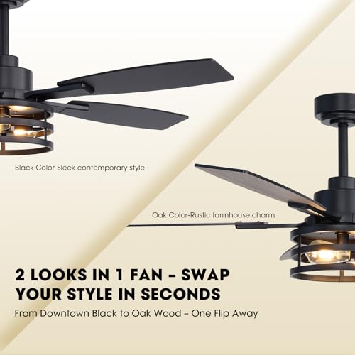 52 Inch Ceiling Fan with Lights and Remote Control - Black Farmhouse Style for Indoor Outdoor