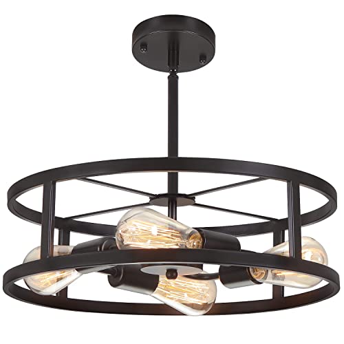 Black Semi Flush Mount Ceiling Light with 4 Lights - Adjustable Farmhouse Industrial Fixture for Kitchen & Dining Room