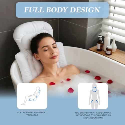 Bath Pillow for Tub 4D Air Mesh Fabric Plush Bathtub Pillow for Neck & Back Support, Hot Tub Pillow with 6 Non-Slip Suction Cups, Spa Pillow for Relaxation and Comfort (Full Body White)