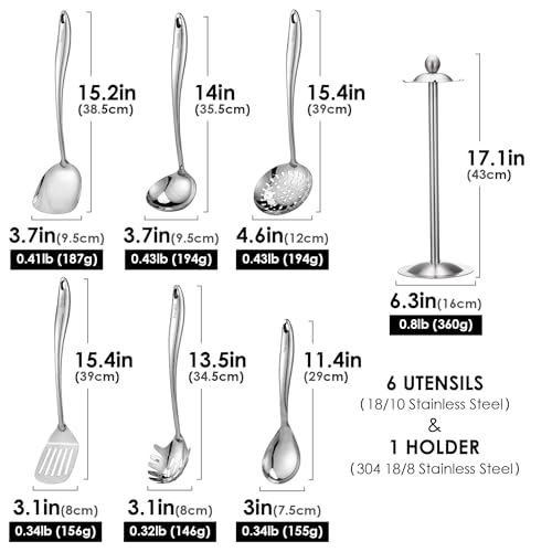Stainless Steel Cooking Utensil Set with Rotating Holder - 7-Piece Kitchen Tools