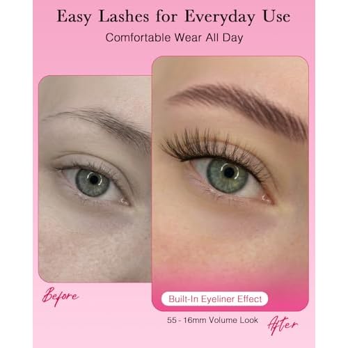 Self Adhesive Eyelashes Preglued Glueless - Natural Look No Glue Eyelashes 16mm Volume Round Eye Waterproof Glueless No Glue Needed Reusable Stick on False Strip Lashes (55 with Tweezers)