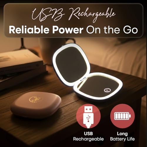 Pink 4-Inch LED Compact Travel Makeup Mirror with 1x & 10x Magnification & Adjustable Lighting