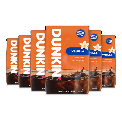 Dunkin’ Vanilla Ground Coffee - Medium Roast, 6 Pack of 18 Oz. Bags - French Vanilla Flavor