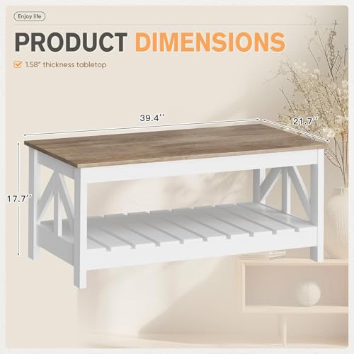 YESHOMY Farmhouse Coffee Table with Storage - Gray & White Rectangular