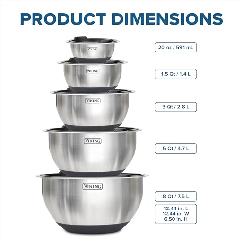 Viking Black 10-Piece Stainless Steel Mixing Bowls Set with Lids & Non-Slip Base