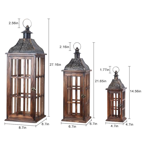 Rustic Farmhouse Wooden Metal Lantern Set of 3 - 27, 22 & 15 Inches - Brown