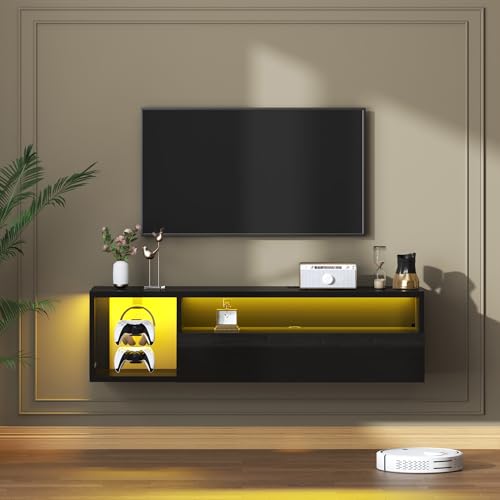 Floating TV Stand with LED Lights - 39.3 Inch Black Wall Mount Entertainment Center