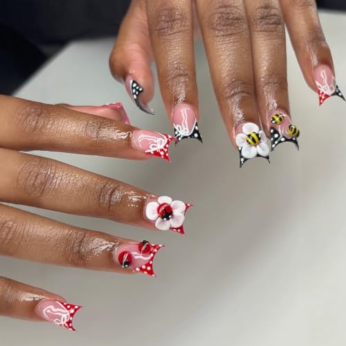 D-409-0 10pcs Short Square Black Red Polka Dot Fake Nails with 3D Bee & Ladybug Designs - Hand Made Flower Stick On Nails Kit for Women
