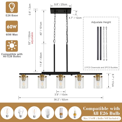 Farmhouse Chandelier Pendant Light Fixture - Brown, 5-Light Glass Shade