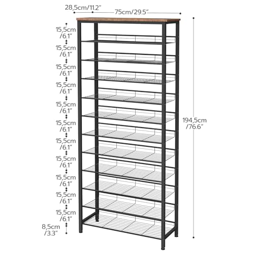 12-Tier Shoe Rack Organizer for Entryway - Large Capacity, Adjustable Mesh Shelves, Rustic Brown & Black