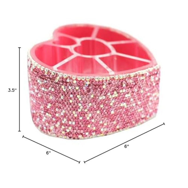 Desktop Cosmetic Storage Box 8-hole Heart-Shaped Bling bling Rhinestone Cosmetic Tools storage Box Jewelry Storage Box (Pink)