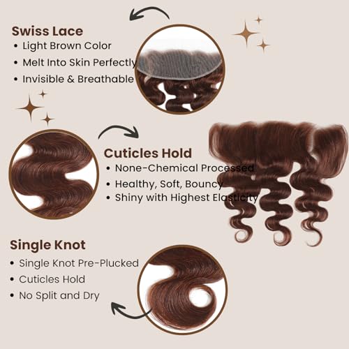 ALHER Chocolate Brown 14-Inch 13x4 HD Lace Frontal Closure Human Hair Body Wave, Pre-Plucked with Baby Hair