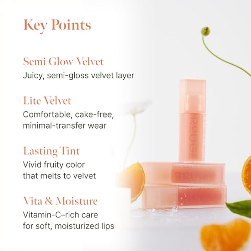 BLACK ROUGE, Double Layer Over Velvet Sweet Tangerine, DL28 Hush Fig ? Korean Sheer Glow Velvet Lip Tint, Long Lasting, Non-Smudge, Vitamin C Infused, Hydrating, Jeju Tangerine Scent