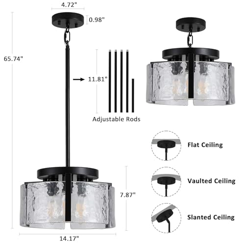 3 Light Black Modern Farmhouse Chandelier Pendant for Dining Room, Adjustable Glass Shade