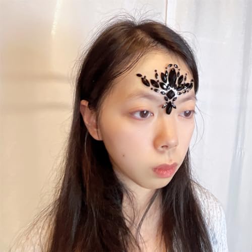 Topz Black Flower Face Jewels for Halloween Costume Makeup - Cat Women Mermaid Day of the Dead Gems Stick-on Tattoos Fairy Accessories (Black-S095)