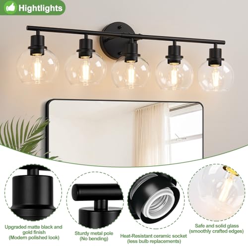 Matte Black 5-Light Bathroom Vanity Light Fixture with Clear Glass Globes - Reversible Wall Sconce for Bathroom, Bedroom, Hallway, Living Room, Porch - Indoi