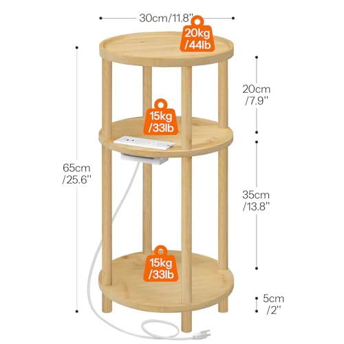 Natural Bamboo Side Tables Set of 2 with Charging Station - Compact End Tables for Living Room & Bedroom, Easy Assembly