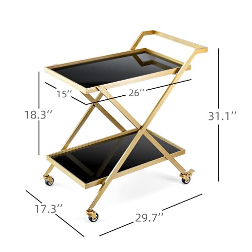 Crofy Gold Finish Bar Cart on Wheels with Tempered Glass Shelves - 2-Tier Mobile Serving Cart for Home & Bar