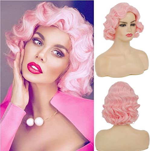 Pink Short Curly Finger Wave Wigs for Women - Vintage Cosplay Halloween Hair