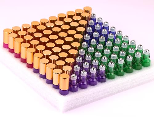 Colored Roller Bottles 100 Pack - 5ml Refillable Glass Essential Oil & Perfume Bottles with Stainless Steel Roll-On & Metal Cap