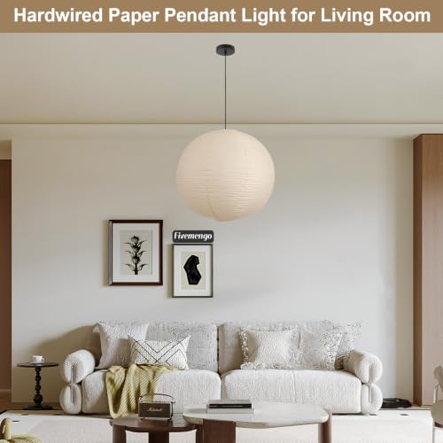 Fivemengo 20in Off-White Paper Pendant Light Kit with Cord & Canopy – Includes Bulb Base, 98in Cord