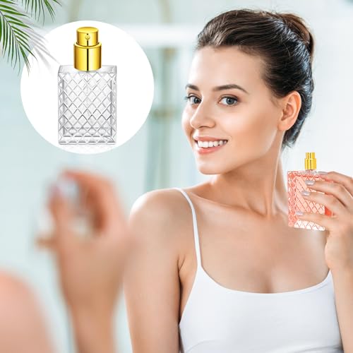 Zhehao 10 Pcs 100ml 3.4 oz Glass Perfume Bottles Refillable Fine Mist Atomizer Spray Bottle with 10 Funnel Filler Empty Portable Perfume Atomizer Clear Essential Oil Container with Sprayer (Gold)