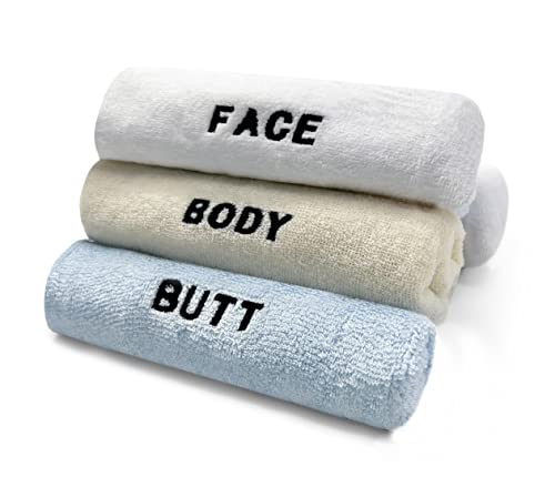 Crafty Cloth 6-Piece Washcloth Set with Embroidered Labels - Face, Body & Butt Fabrics - Beige, Blue, White