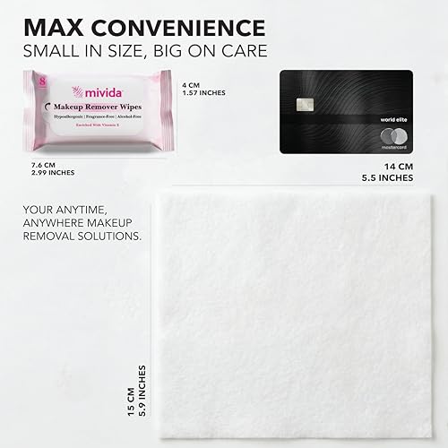 mivida Mini Makeup Remover Wipes – 50 Pocket Packs, Travel-Size Face Wipes, Dermatologist Tested, Fragrance & Alcohol-Free