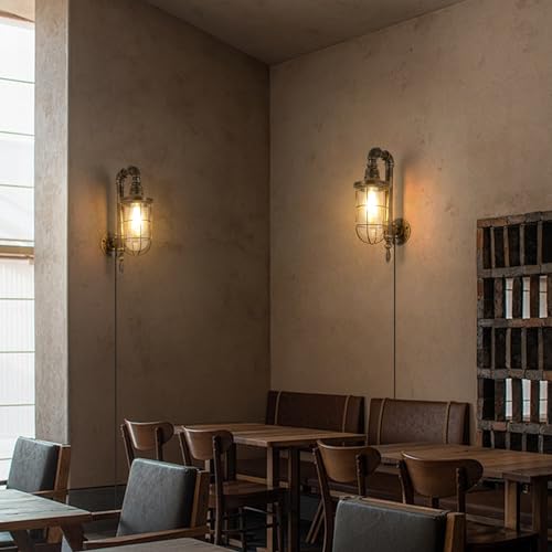 2 Pack Industrial Plug-in Wall Sconces with E26 LED Bulbs, Rustic Metal Design