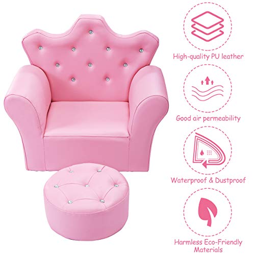 Kids Pink Princess Sofa Set with Ottoman - Toddler Upholstered Couch, Diamond Decor