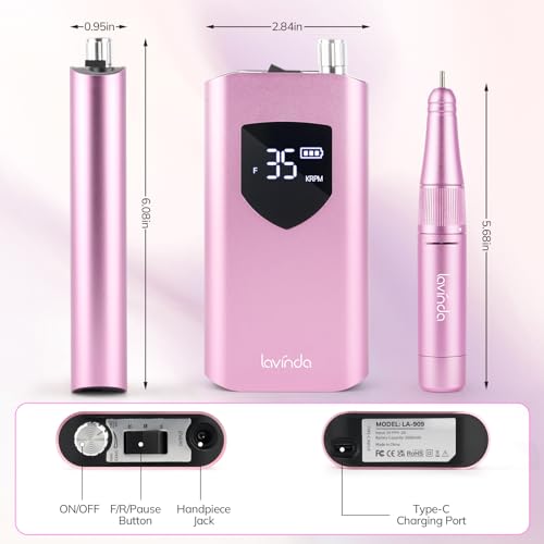 Lavinda Nail Drill 35000 RPM, Cordless Rechargeable Electric Nail File Machine, Professional Efile for Acrylic Nails, Gel Polish, Cuticle Removal, Home and Salon (Pink)